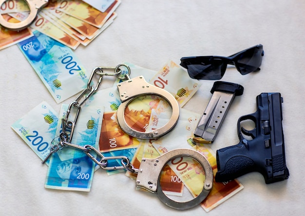 Gun police handcuffs sunglasses on the background of israeli
new shekel banknotes money