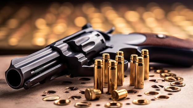 A gun and some bullets on a wooden surface