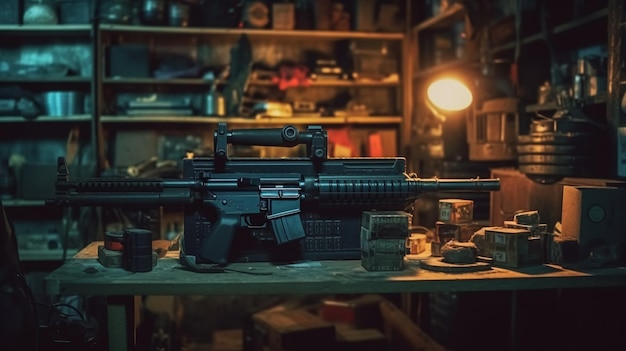 A gun on a table in a dark room