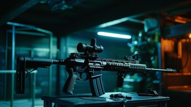A gun on a table in a dark room