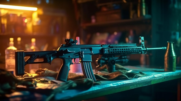 A gun on a table in a dark room