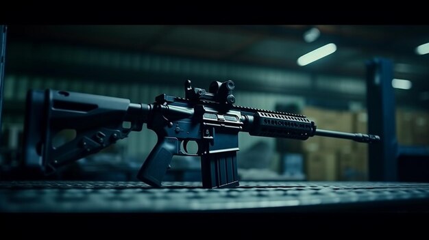 A gun on a table in a warehouse