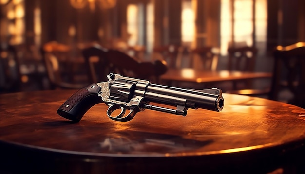 The Gun on a table wide angle super realistic photoshoot with Generative AI technology