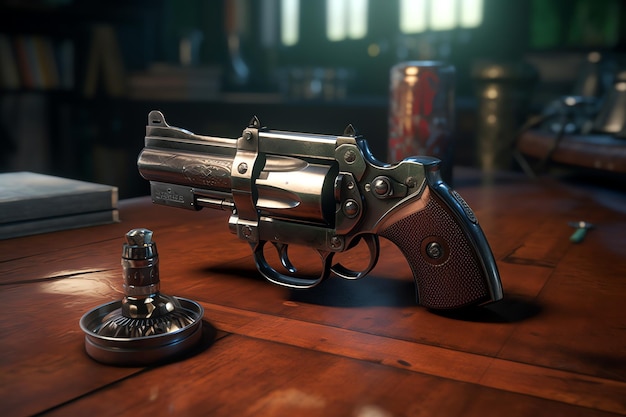 A gun on a table with a bottle of liquid in the background