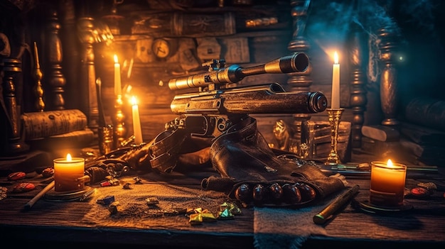 A gun on a table with candles in the background