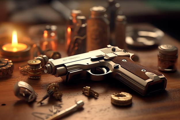 A gun on a table with some other objects