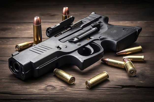 Gun with ammunition on dark wooden background