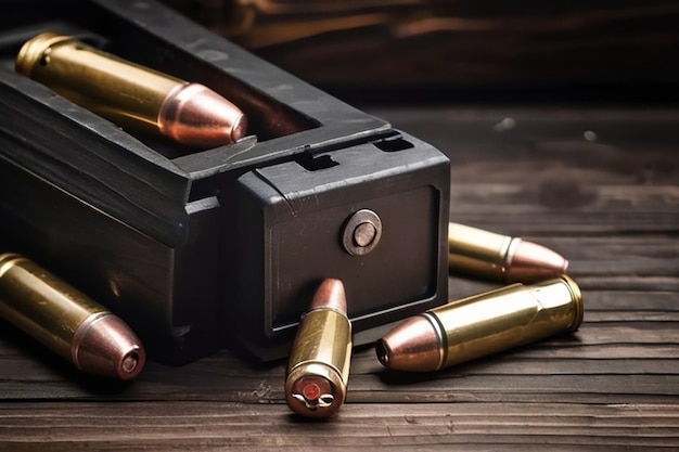 Gun with ammunition on dark wooden background