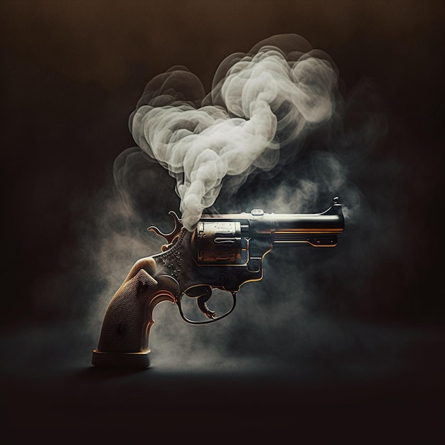 A gun with smoke coming out of it is on a dark background.