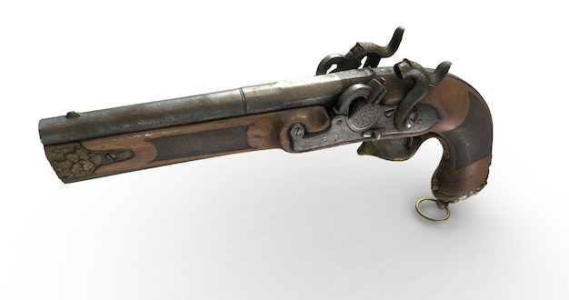 A gun with a wooden handle and a metal ring that says'the word " on it.