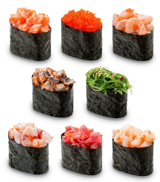 Gunkan Sushi set on a white background Isolated