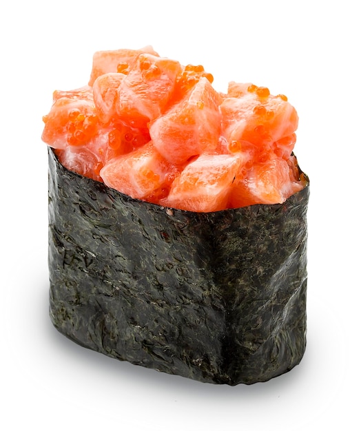 Gunkan sushi with salmon and tobiko on white background Isolated