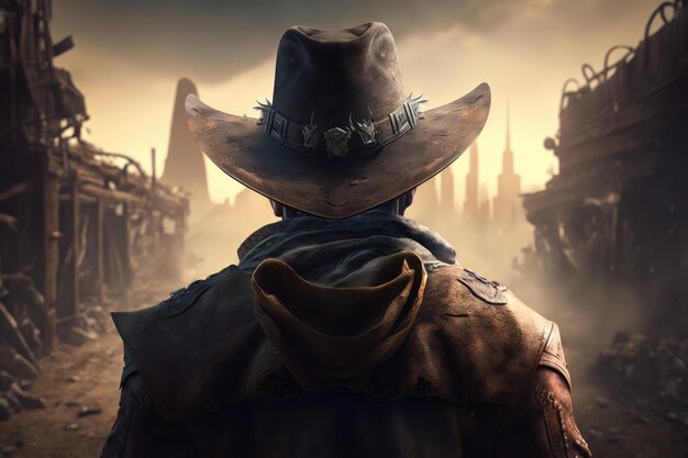 Photo gunslinger in post apocalyptic desert city survivor looking at destroyed city after apocalypse ai