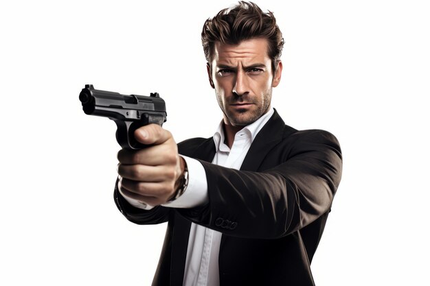 Photo guntoting hunk a handsome man controls the scene on a white background