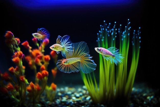 Foto guppy's die hun levendige staarten laten zien in een goed verlichte tank gemaakt met generatieve ai