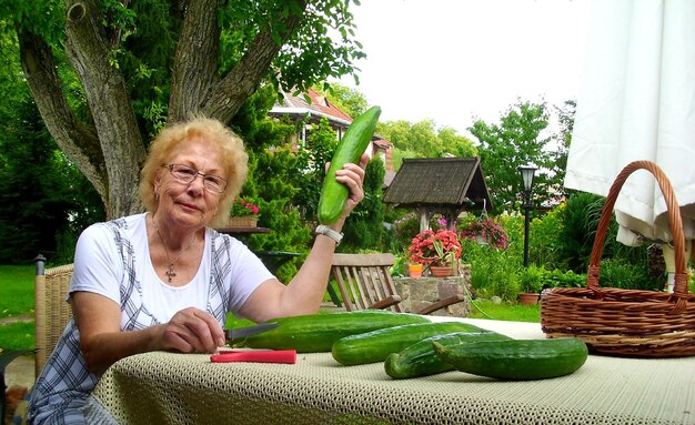 Photo gurkenernte aus dem  eigenen  garten