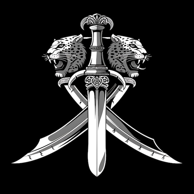 Gurkha Warrior Khukuri Logo With Leopards and Curved Blades Tshirt Tattoo Ink Outline CNC Design