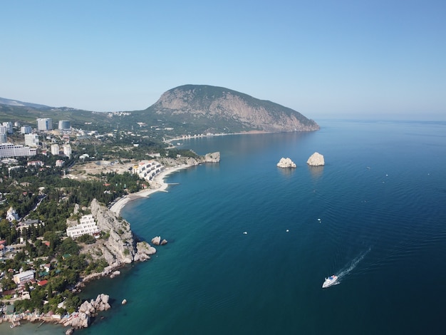 Gurzuf crimea aerial panoramic view on gurzuf bay with bear mountain ayudag and rocks adalary artek