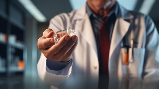 Photo guy doctor in profile studying the pill container and doing research generative ai