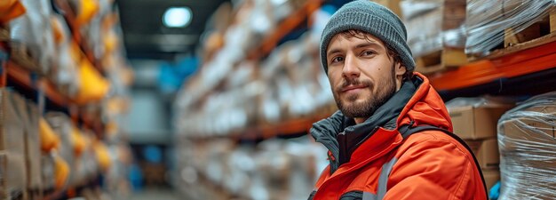 Photo a guy employee in a warehouse uses a hand pallet stacker to move items