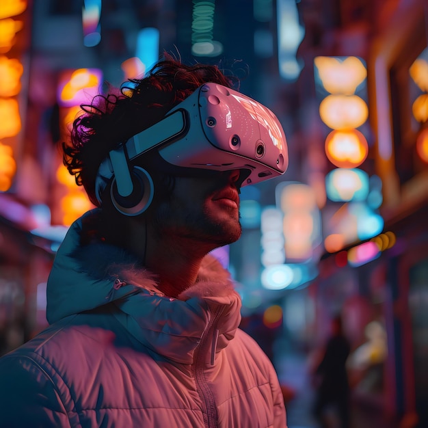 Guy experiencing virtual world in cyberpunk environment