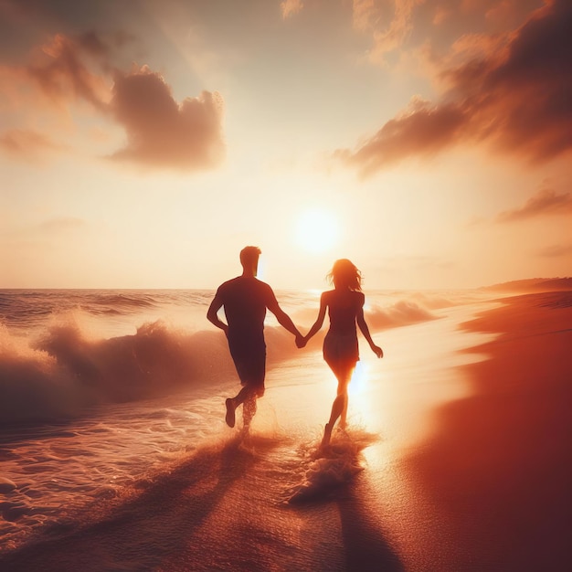 A guy and a girl are running into the distance towards the setting sun Health and fitness concept