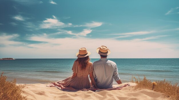 男と女は晴れた日に海辺の砂の上に座っている