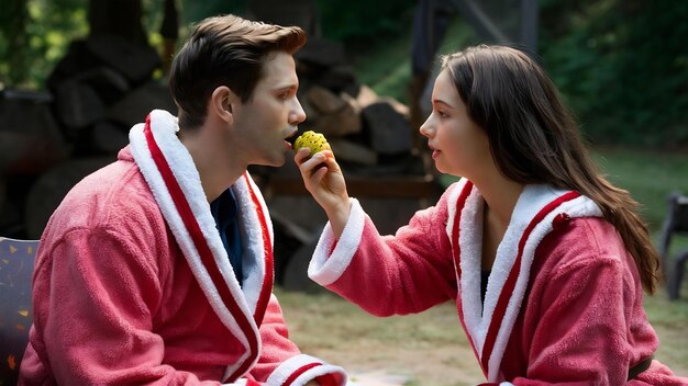 The guy and the girl bathrobe girl feeds the guy fruit