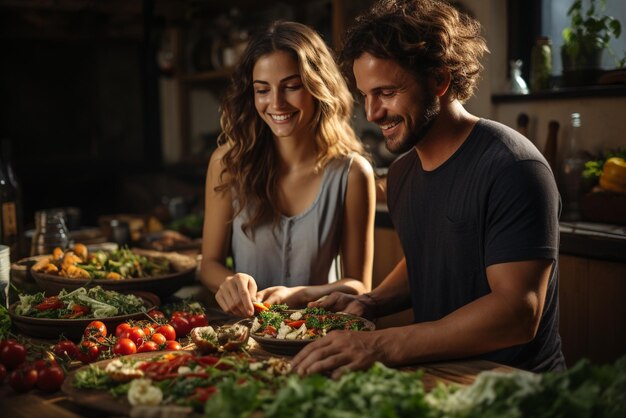 Photo guy and girl cook together in their kitchen