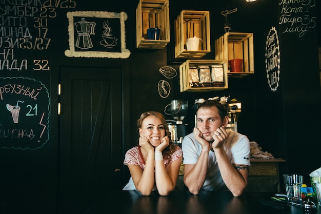 Guy and a girl meeting in a city stylized cafe