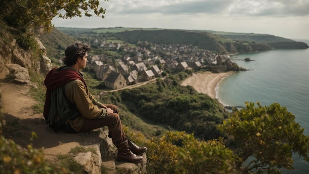 Photo a guy in his twenties sits on a high cliff and looks