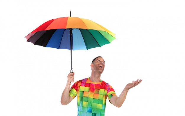 Guy holding a colorful rainbow.