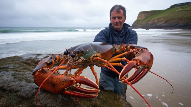 Guy holding a large lobster see location Generative AI