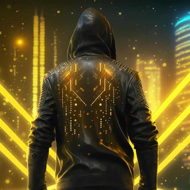 Guy in a leather jacket and a hood view from the back cyberpunk style