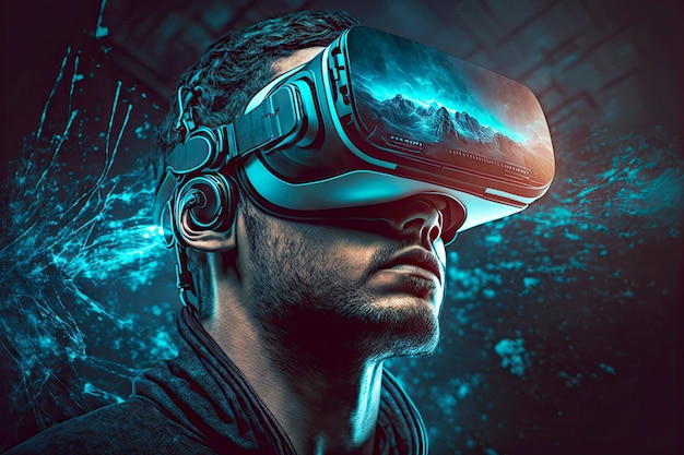 Guy looking into virtual reality gles high technology of future vr headset