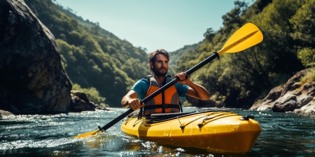 A guy rafts down a mountain river in a kayak Generative AI