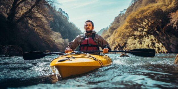 A guy rafts down a mountain river in a kayak Generative AI