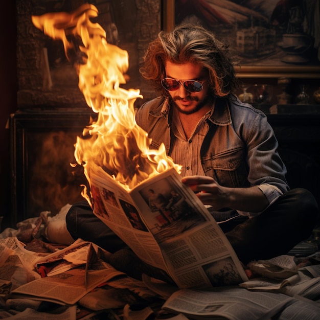 Guy reads a burning newspaper