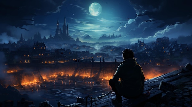 窓に座って夜の街を見ている男