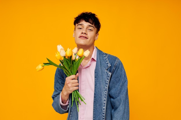 Guy sounds hall colors in denim jacket posing fashion