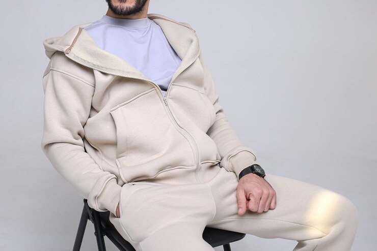 A guy in a stylish, cozy sportswear against a bright background, studio shooting for a magazine, details of fabrics and flowers