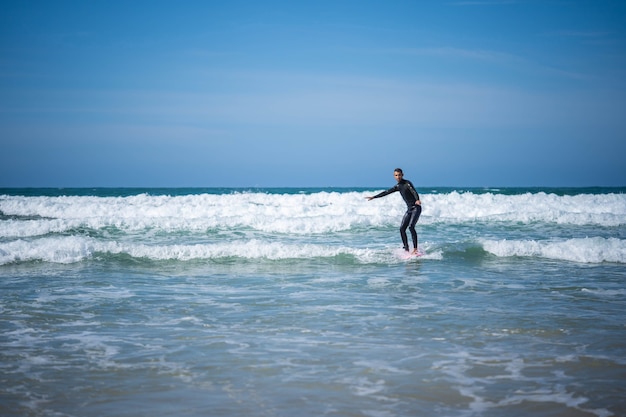 The guy on the surfboard caught the wave. Concept: balance, stability, coordination