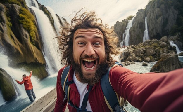 Foto un tizio che fa un selfie davanti alla cascata