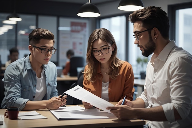 Guy toont een document aan een groep meisjes van jonge freelancers in het kantoor hebben gesprek en werken