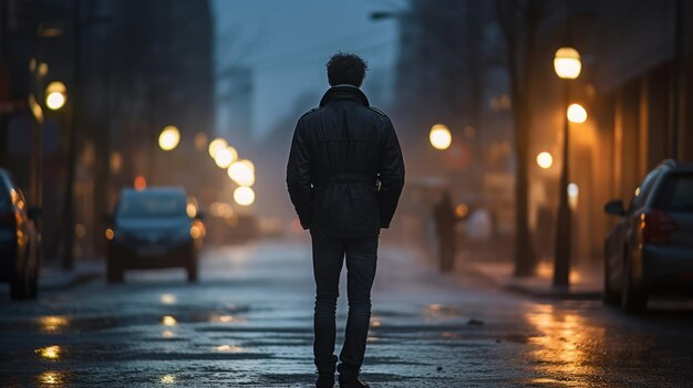 街を歩いている男の後ろの景色