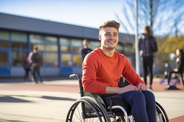 Photo guy in wheelchair at school or college education of people with disabilities social assistance to people with disabilities autism