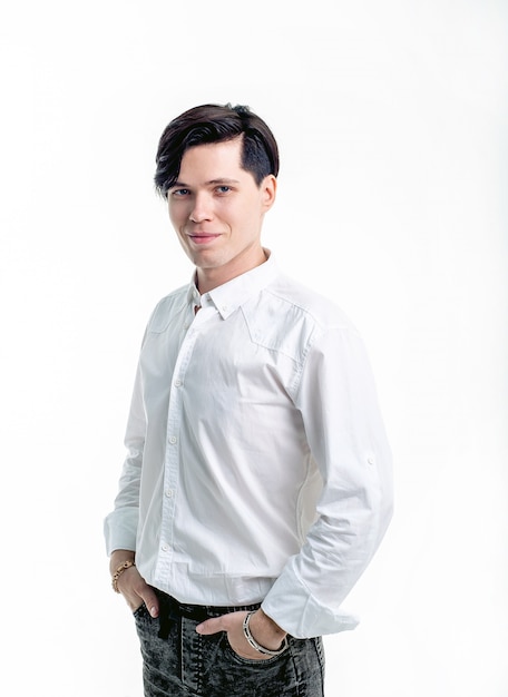 guy in a white shirt on a white background, the guy posing in the studio - isolated, portrait of a guy on a white background