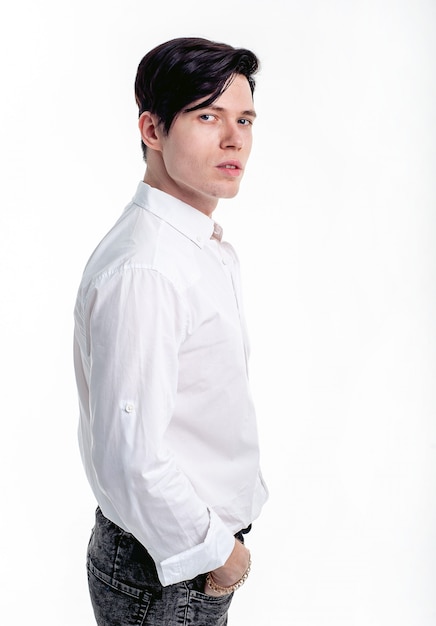 guy in a white shirt on a white background, the guy posing in the studio - isolated, portrait of a guy on a white background