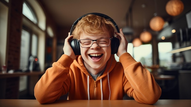 Guy with Down Syndrome listening to music with headphones