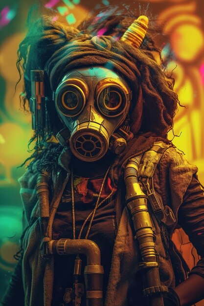 Photo a guy with dreadlocks and a gas mask may be seen